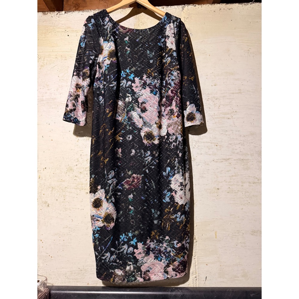 ICE Womens 14/16W Floral Sheath Dress Black Textured Honeycomb Stretch Knit Midi